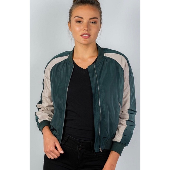 Hunter Green Stripe-Sleeve Bomber - Picture 3 of 7